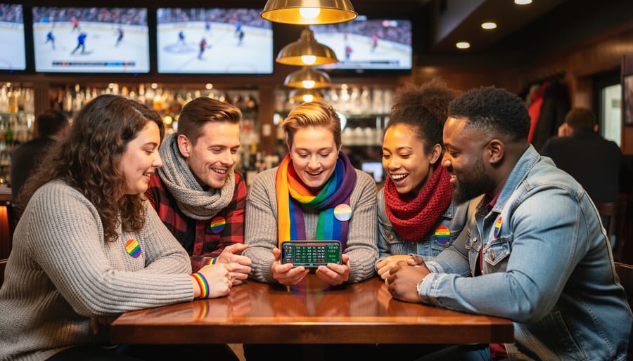 LGBTQ+ friends in an Edmonton sports bar gathered around a table, checking a phone as a hockey game plays on blurred TVs, with rainbow pins and bracelets visible under warm ambient lighting.