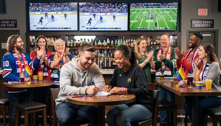 Diverse group of LGBTQ+ friends celebrating together while watching sports in welcoming bar environment