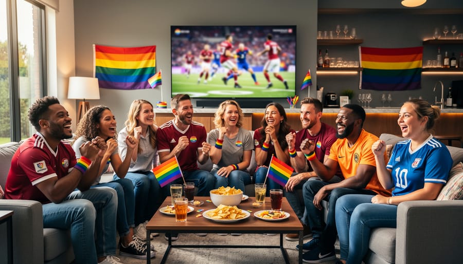 Inclusive sports viewing party with pride flag and diverse LGBTQ+ community members gathered in welcoming home environment