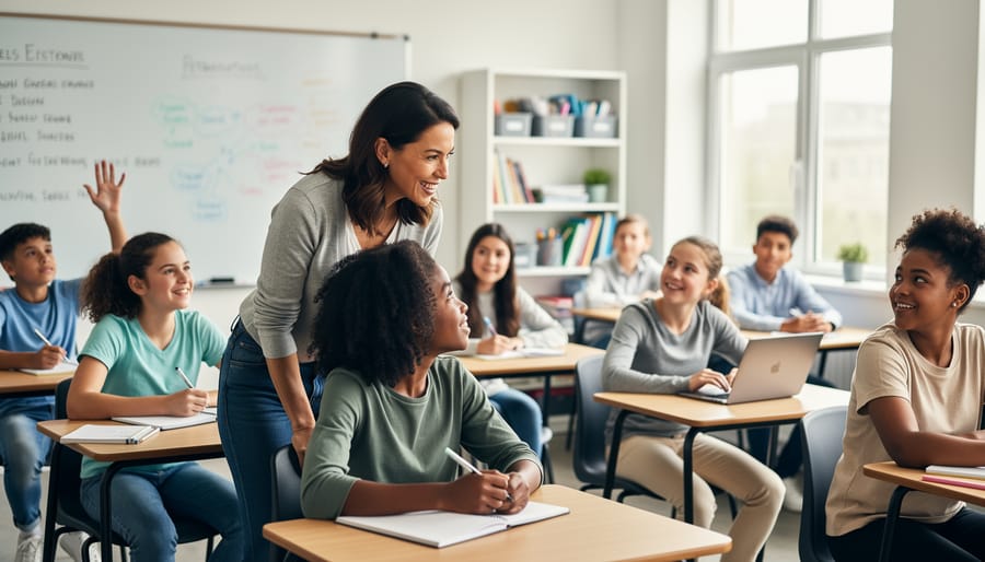 A transgender teacher speaks with students in an Edmonton classroom while students listen attentively.