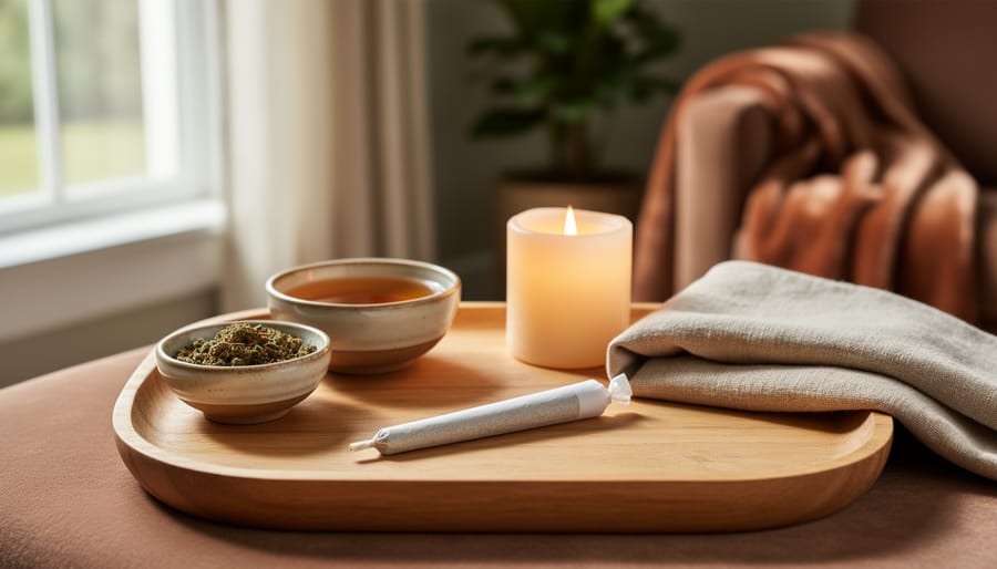 Close-up of an unlit cannabis pre-roll on a wooden tray with a smooth stone and candle in a calm setting