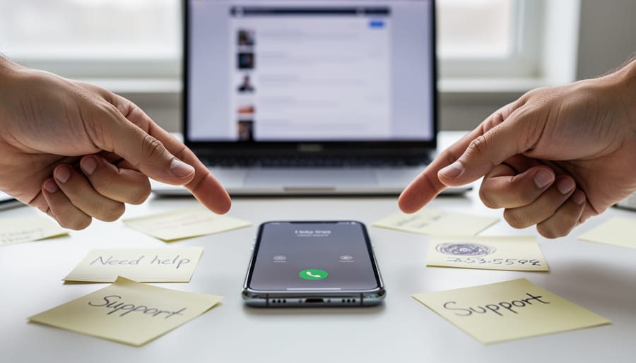Close-up of hands dialing a landline phone while holding a notebook on a desk.