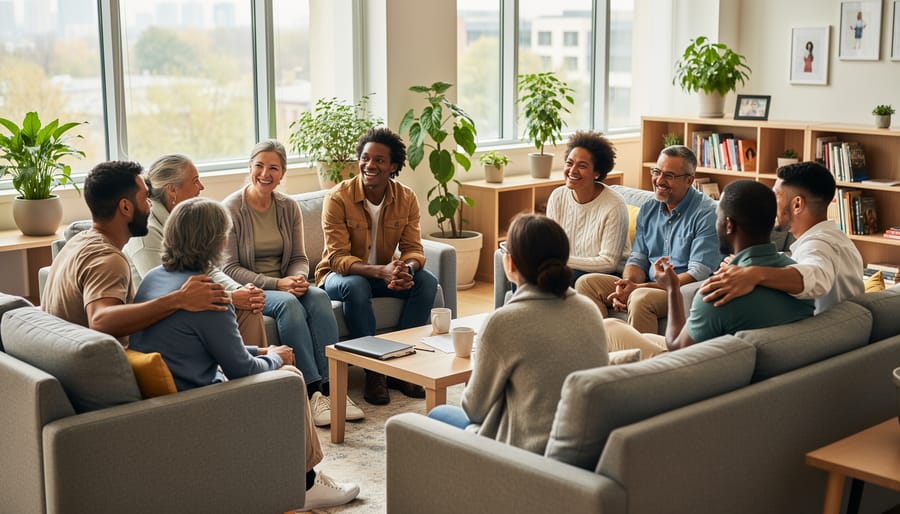 Diverse LGBTQ+ group seated together in a welcoming indoor lounge