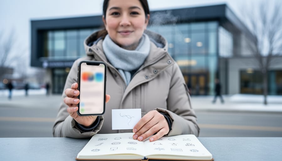 Person in winter clothing in Edmonton holding a smartphone and offline contact materials to access LGBTQ+ support when online resources are blocked.