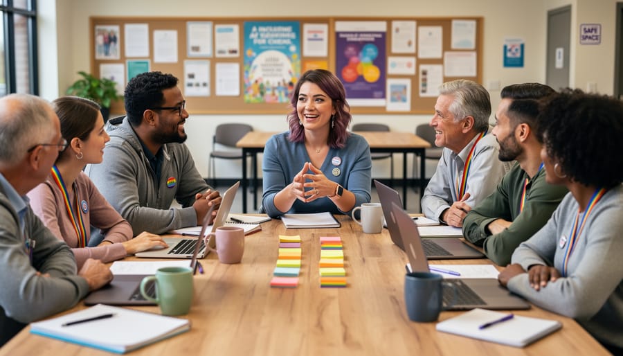 Educators and allies meet at a table, discussing and supporting one another in a welcoming room.