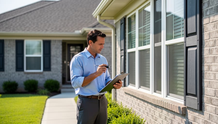 Gloved inspector hands using a flashlight while examining a house exterior during an inspection