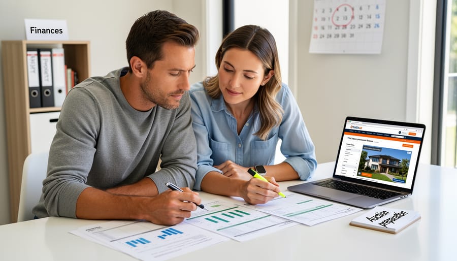 LGBTQ+ couple reviewing property documents at a kitchen table in soft natural daylight