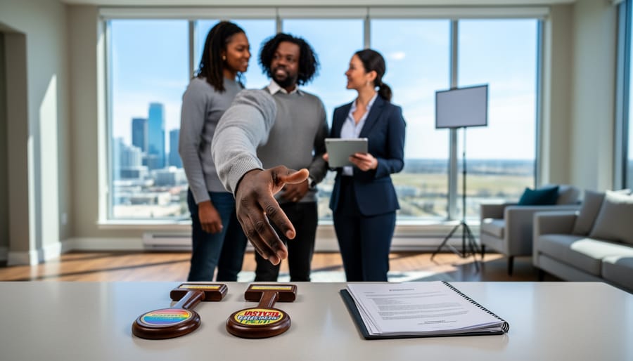 LGBTQ+ homebuyers and a real-estate agent reviewing auction bidding materials and financing documents during a property viewing in a bright room.