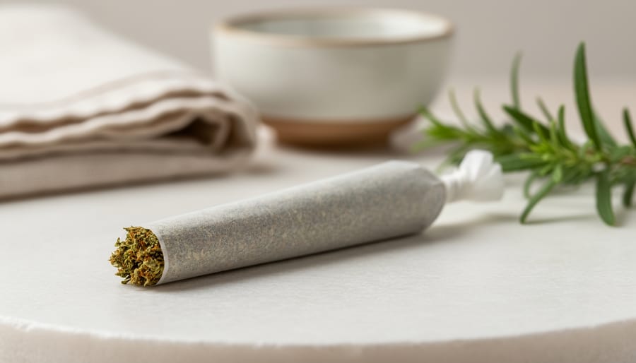 Macro close-up of a THCA pre-roll on a ceramic surface with soft light and blurred cannabis plant elements in the background
