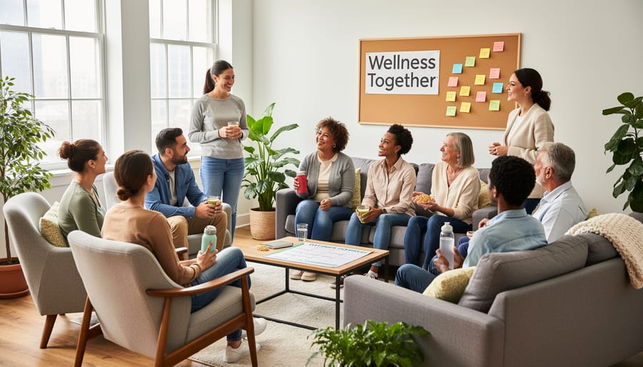 People in a community center lounge having a relaxed conversation with a side table holding unbranded wellness items in the background
