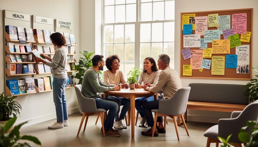 People talking in a community room with a bulletin board of colorful flyers blurred in the background.