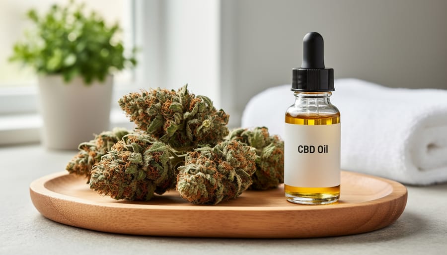 Raw cannabis buds in a glass jar beside a CBD oil bottle with a dropper on a countertop