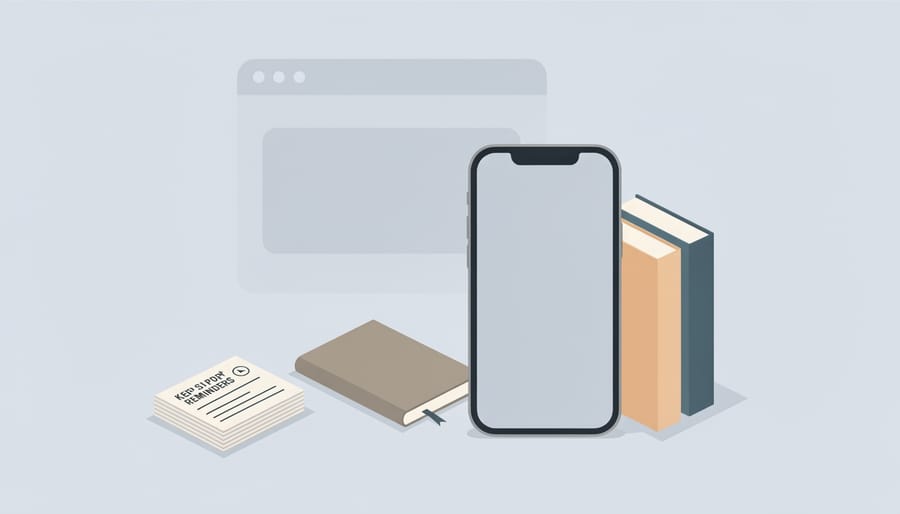 Smartphone next to printed card stack and closed book with a frosted-glass barrier effect, symbolizing blocked online access.