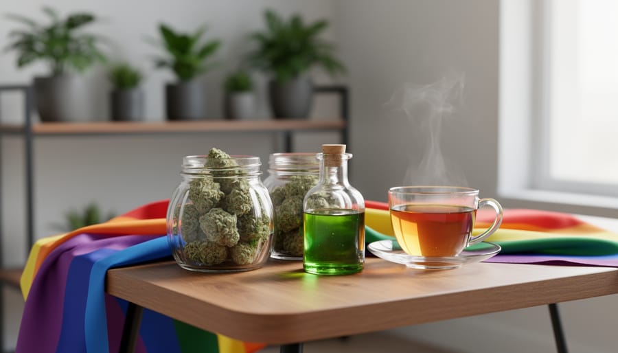 Close-up of cannabis botanicals in glass jars, a cup of herbal tea, and calming wellness items on a wooden table with subtle rainbow fabric accents in a softly lit indoor setting.