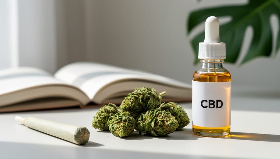 Raw cannabis buds, a CBD oil dropper bottle, and a pre-roll presented on a calm wellness tabletop in soft natural light.