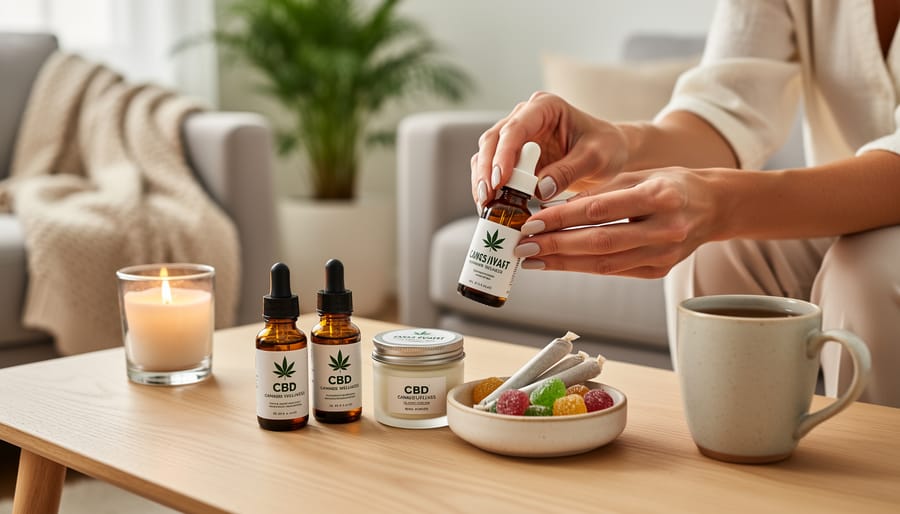 Two LGBTQ+ adults relaxing indoors while holding cannabis flower buds in a glass jar and a CBD tincture dropper bottle