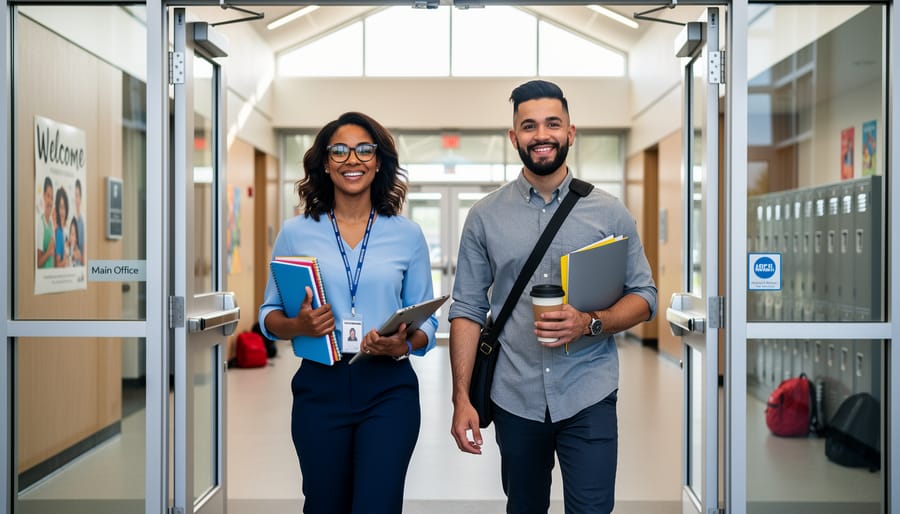 “Two transgender teachers entering a bright Edmonton school through open doors, symbolizing welcoming inclusion in the classroom.”