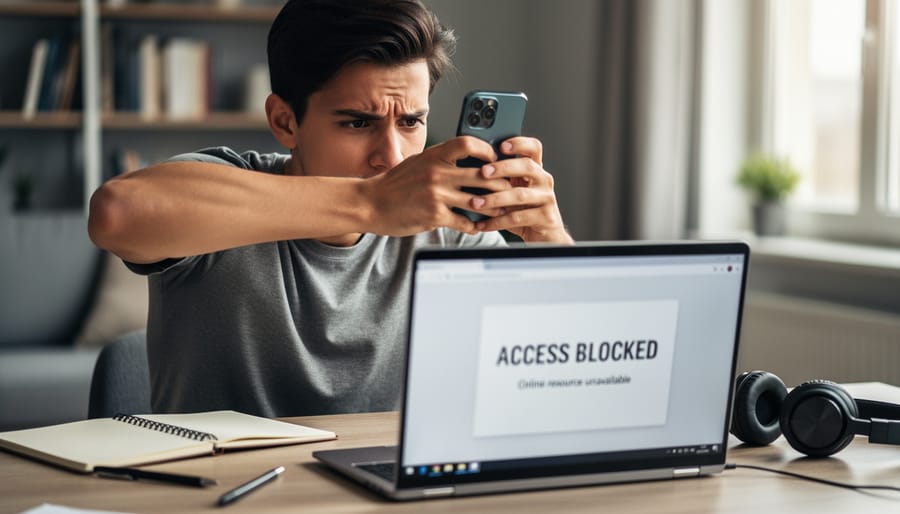 Young adult holding a smartphone and partially covering the screen, suggesting blocked access to information.