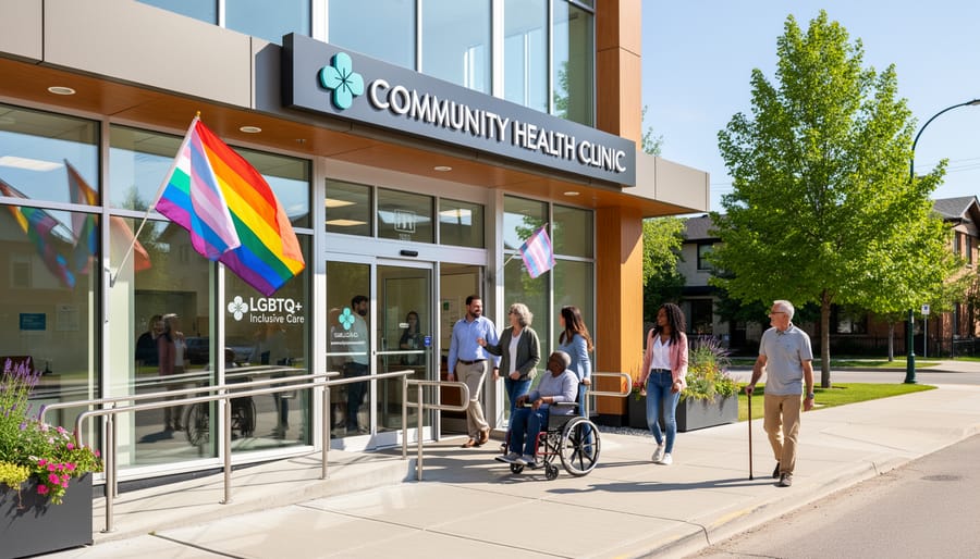 Exterior of a modern community clinic building with accessible entrance and large windows