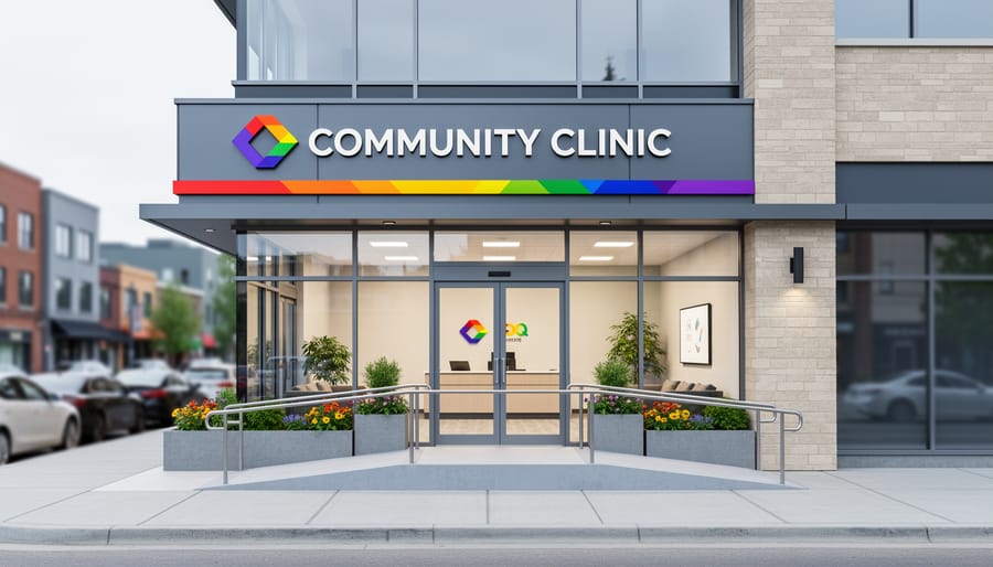 “Exterior of a modern community clinic in Edmonton with an accessible entrance and large windows, conveying a welcoming healthcare space for LGBTQ+ patients.”