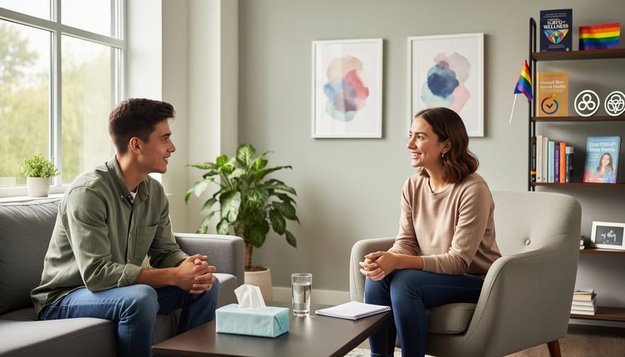 Healthcare provider and patient having a supportive conversation in a bright clinic counseling room