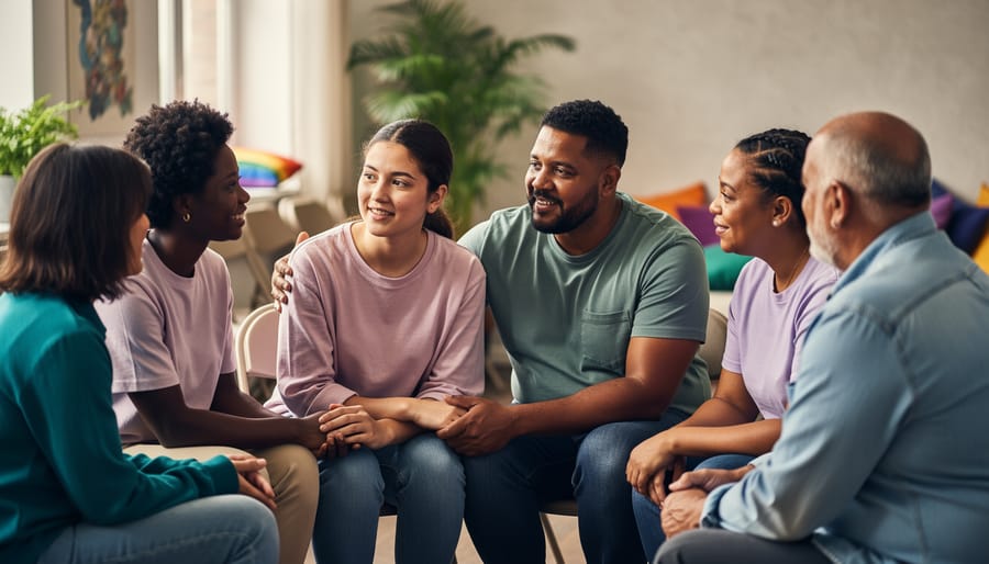 Diverse LGBTQ+ adults sitting in a supportive circle in a warm community room, conveying connection and wellbeing.