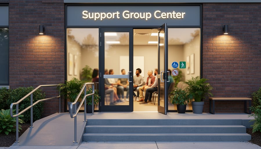 Community center entrance with warm lighting and subtle rainbow-colored decor at dusk, with people approaching
