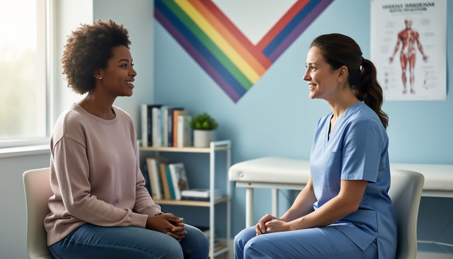 “A clinician and a gender-diverse patient sit together in a welcoming clinic consultation room, suggesting supportive gender affirming care.”