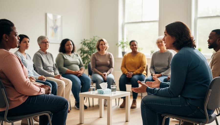 Diverse adults seated in a semi-circle during an LGBTQ+ community support group meeting in a community room