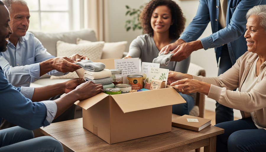 Close-up of hands exchanging a care package with tea bags at an LGBTQ+ community gathering