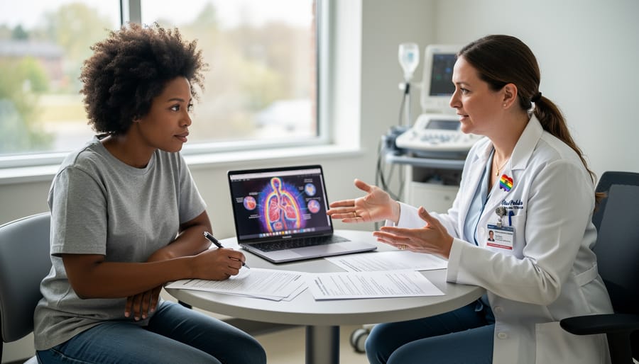 A clinician and patient having a supportive consultation during a medical appointment
