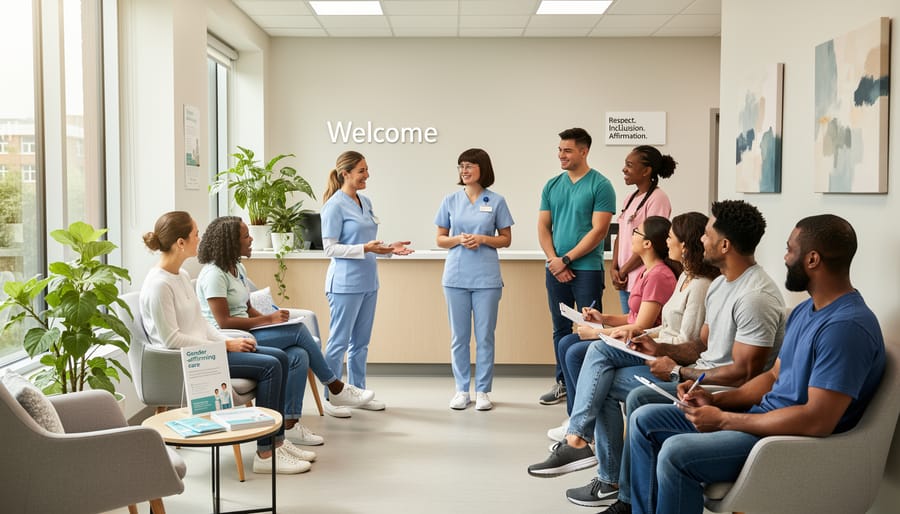 Two gender-diverse people standing together in a bright community clinic hallway