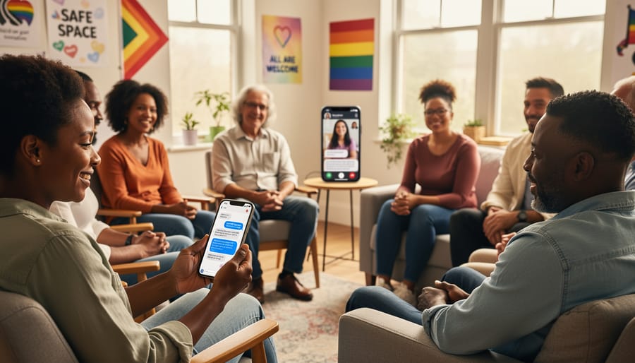Diverse LGBTQ+ community members gather outdoors while one person holds a smartphone, suggesting connection and support.