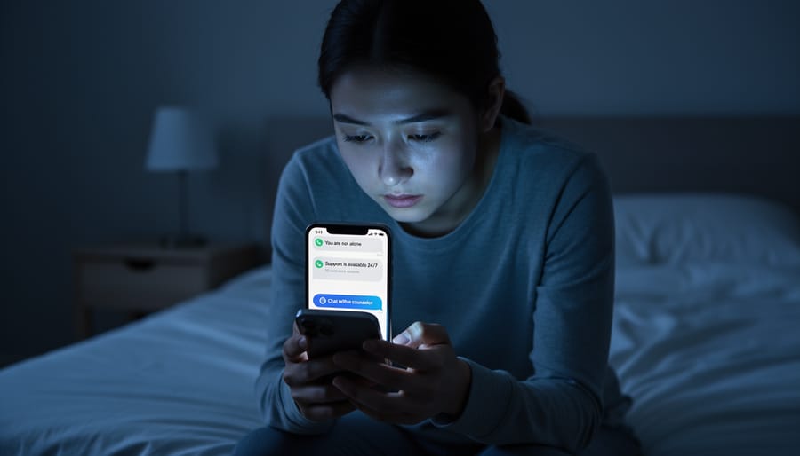 Person using a smartphone indoors with headphones, suggesting access to online support and mental health resources.