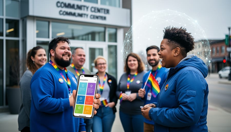 Diverse LGBTQ+ community members in Edmonton near a modern community center entrance, with smartphones and subtle network-like light suggesting digital connectivity and community support.